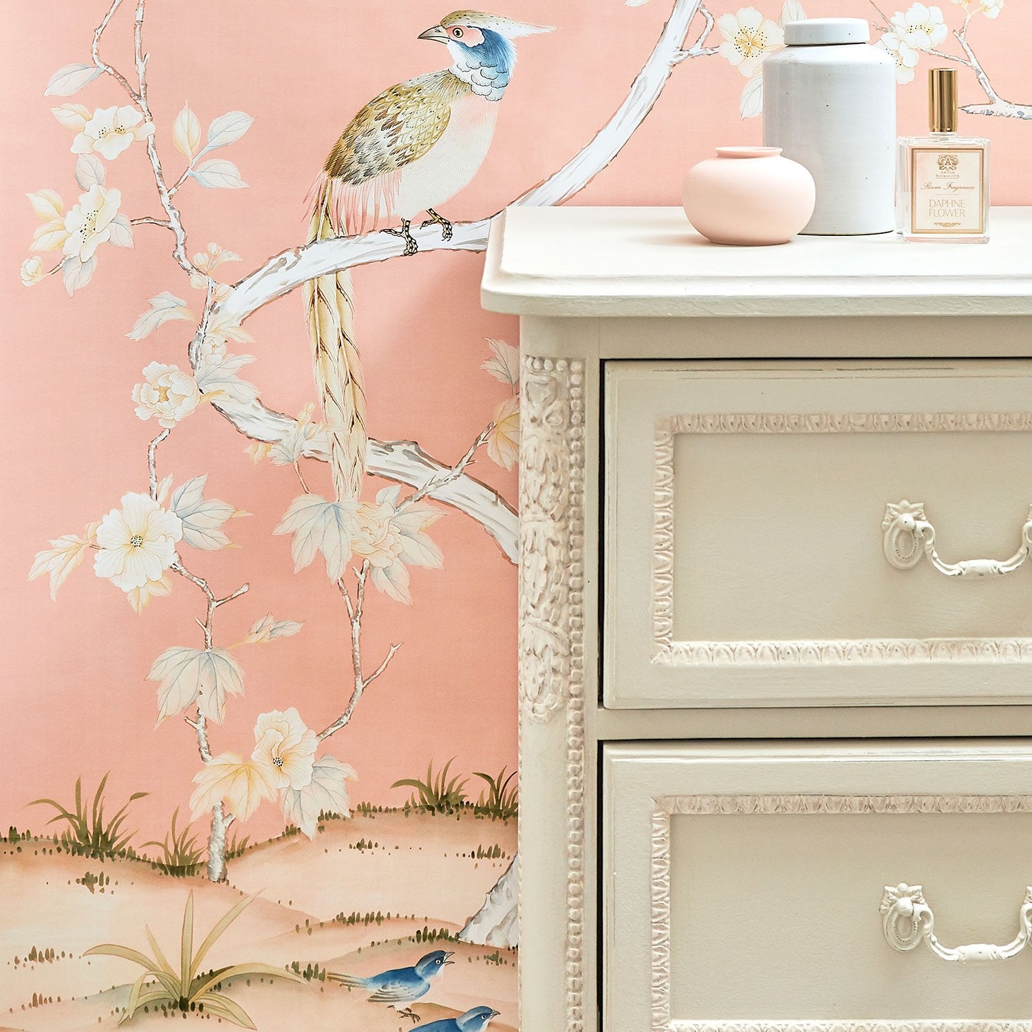 Traditional Chinoiserie Carlisle Wallpaper Mural in Coral Styled Behind Dresser