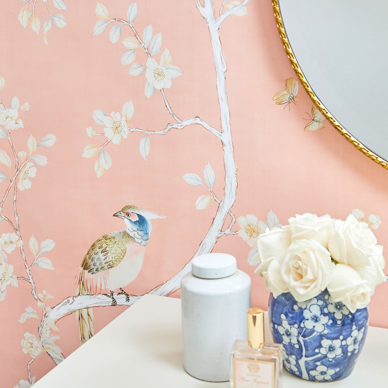 Traditional Chinoiserie Carlisle Wallpaper Mural in Coral Detail of Bird